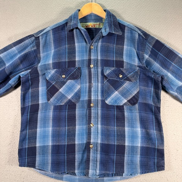 Vintage Anchor Blue Flannel Shirt Adult Small Blue Plaid‎ Pockets Heavy Workwear - Picture 1 of 11